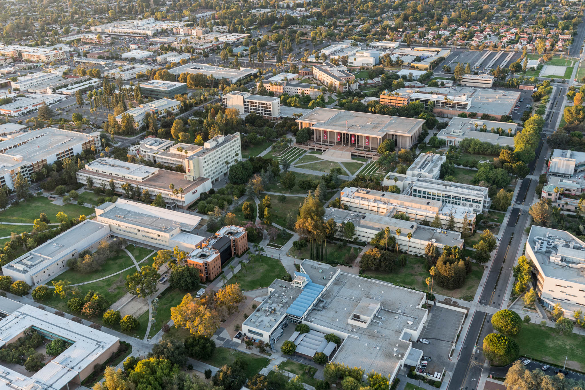 Los Angeles, California, USA - October 21, 2018: Afternoon aerial view of California State University Northridge campus architecture in the San Fernando Valley.