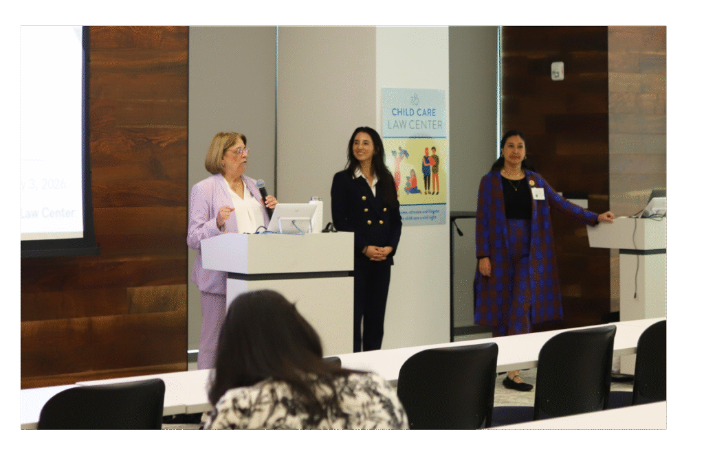 Three presenters speak at a legislative briefing on California child care policy, standing at podiums in front of large screens displaying “Child Care 101,” with legislators and staff seated in the audience.