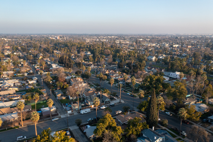 Aerial view of residential district in Fresno, California